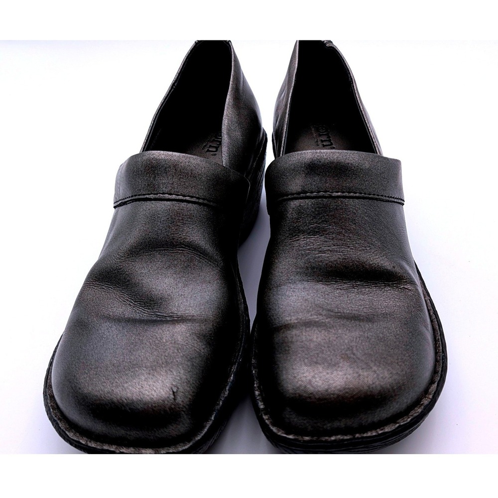 Born Womens Clogs Metallic Pewter Leather Slip On Block Heel W12030 Size 8.5